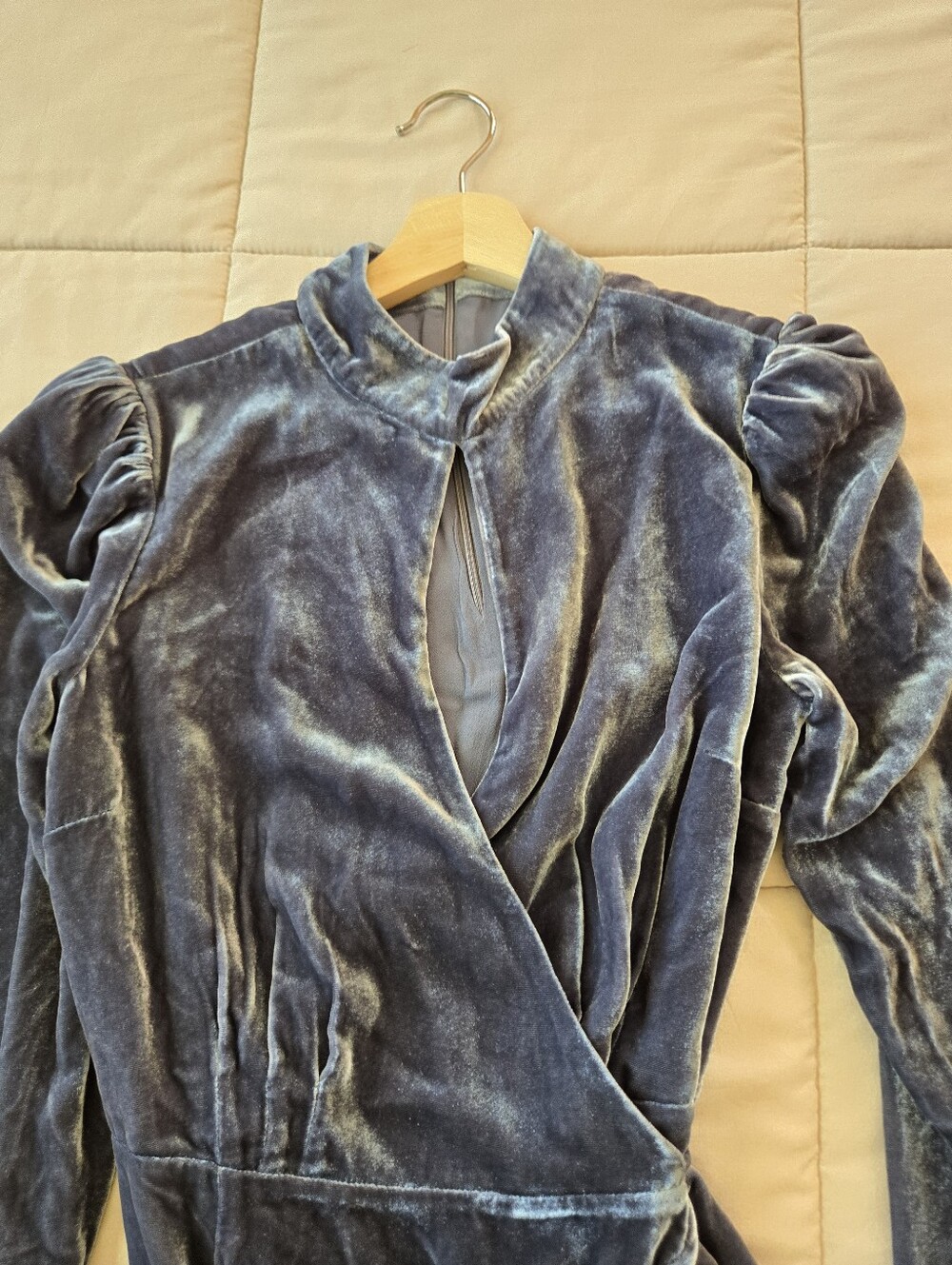 Reformation Ottessa Velvet Mini Wrap Dress, Color Slate, Size M Petite - Picture 10 of 13